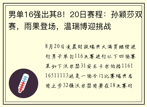男单16强出其8！20日赛程：孙颖莎双赛，雨果登场，温瑞博迎挑战